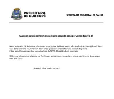 Guaxupé registra centésimo sexagésimo segundo óbito por vítima da covid 19