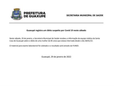 Guaxupé registra um óbito suspeito por Covid 19 neste sábado