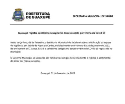  Guaxupé registra centésimo sexagésimo terceiro óbito por vítima da Covid 19