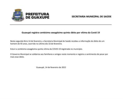Guaxupé registra centésimo sexagésimo quinto óbito por vítima da Covid 19 