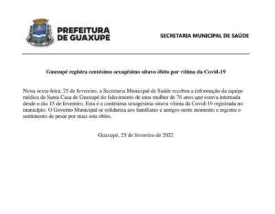 Guaxupé registra centésimo sexagésimo oitavo óbito por vítima da Covid-19