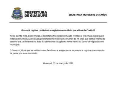 Guaxupé registra centésimo sexagésimo nono óbito por vítima da Covid-19