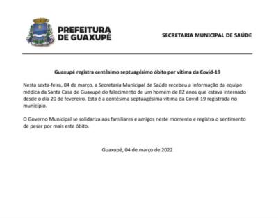 Guaxupé registra centésimo septuagésimo óbito por vítima da Covid-19