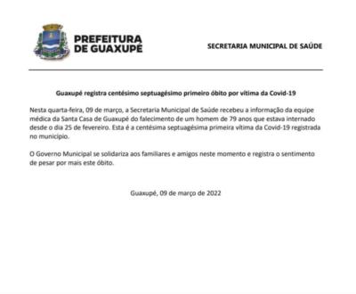 Guaxupé registra centésimo septuagésimo primeiro óbito por vítima da Covid-19