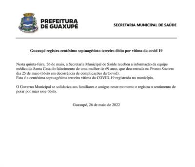 Guaxupé registra centésimo septuagésimo terceiro óbito por vítima da covid 19