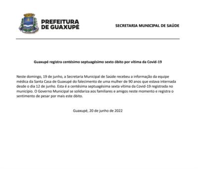 Guaxupé registra centésimo septuagésimo sexto óbito por vítima da Covid-19