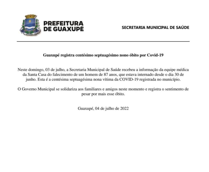 Guaxupé registra centésimo septuagésimo nono óbito por Covid-19