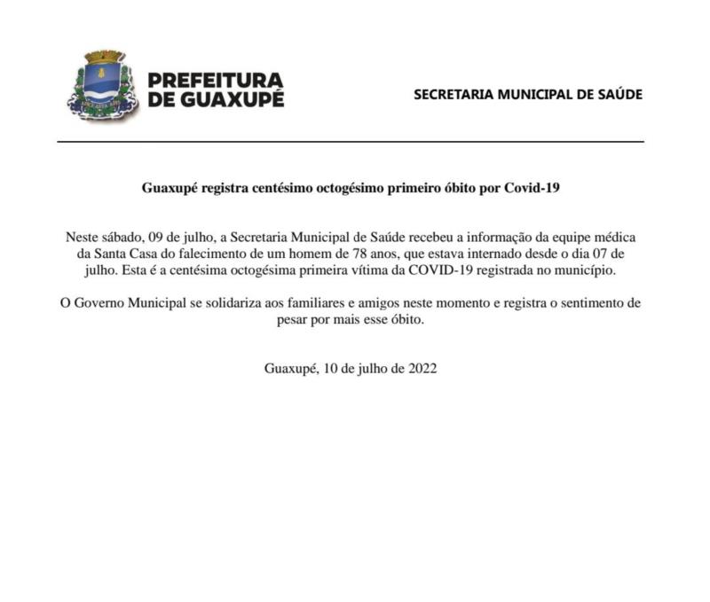  Guaxupé registra centésimo octogésimo primeiro óbito por Covid-19