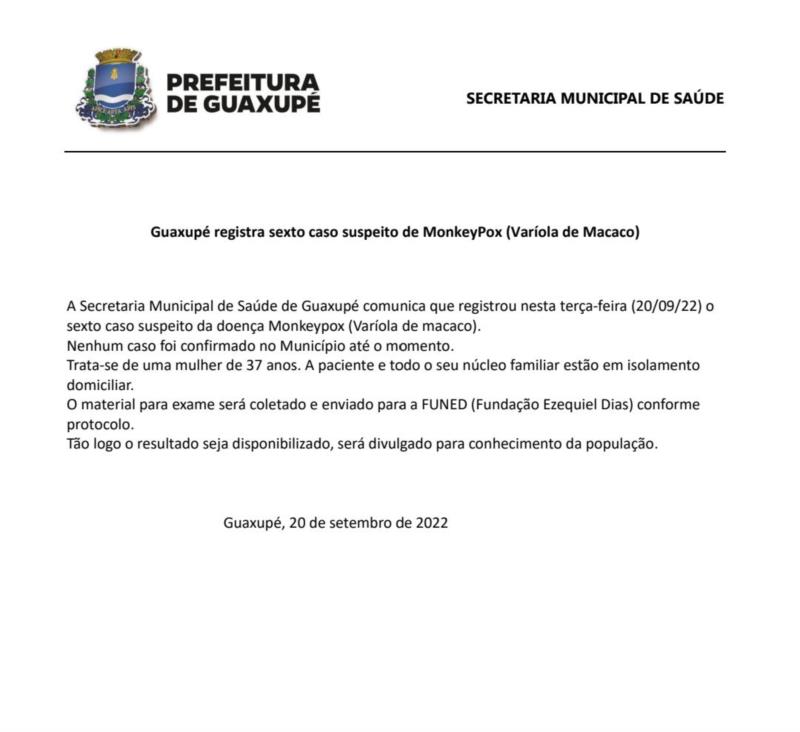 Guaxupé registra sexto caso suspeito de MonkeyPox (Varíola de Macaco)