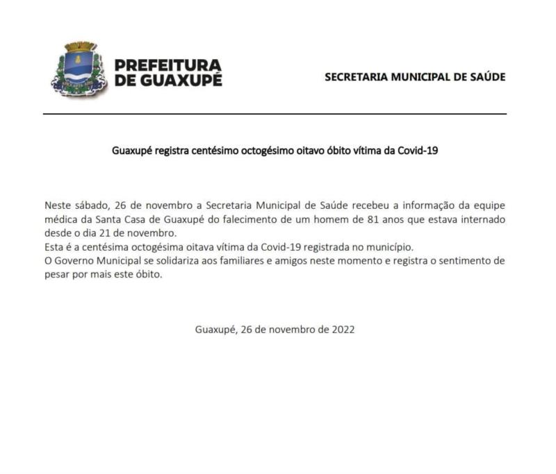 Guaxupé registra centésimo octogésimo oitavo óbito vítima da Covid-19