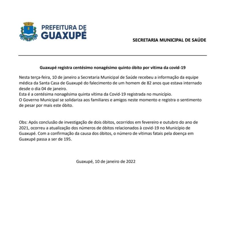Guaxupé registra centésimo nonagésimo quinto óbito por vitima da covid-19