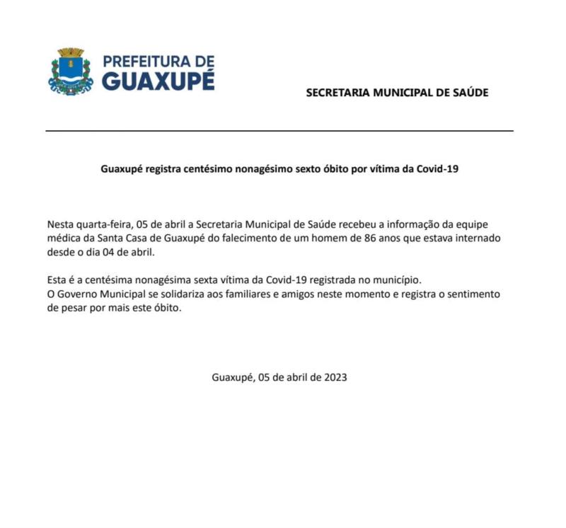 Guaxupé registra centésimo nonagésimo sexto óbito por vítima da Covid-19