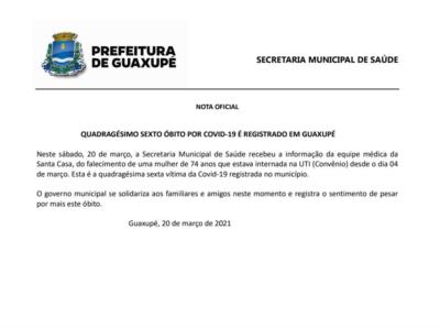 QUADRAGÉSIMO SEXTO ÓBITO POR COVID-19 É REGISTRADO EM GUAXUPÉ