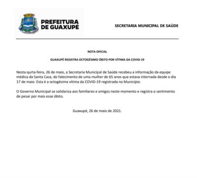 GUAXUPÉ REGISTRA OCTOGÉSIMO ÓBITO POR VÍTIMA DA COVID-19