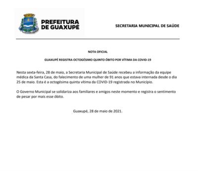 GUAXUPÉ REGISTRA OCTOGÉSIMO QUINTO ÓBITO POR VÍTIMA DA COVID-19