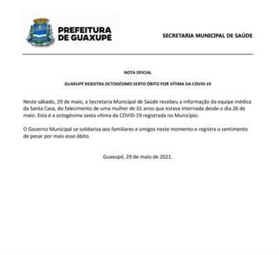 GUAXUPÉ REGISTRA OCTOGÉSIMO SEXTO ÓBITO POR VÍTIMA DA COVID-19