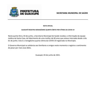 GUAXUPÉ REGISTRA NONAGÉSIMO QUARTO ÓBITO POR VÍTIMA DA COVID-19