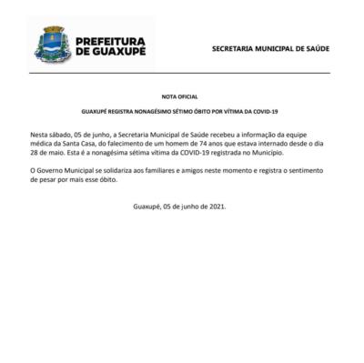GUAXUPÉ REGISTRA NONAGÉSIMO SÉTIMO ÓBITO POR VÍTIMA DA COVID-19