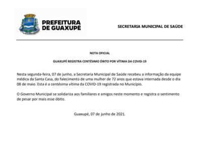 GUAXUPÉ REGISTRA CENTÉSIMO ÓBITO POR VÍTIMA DA COVID-19