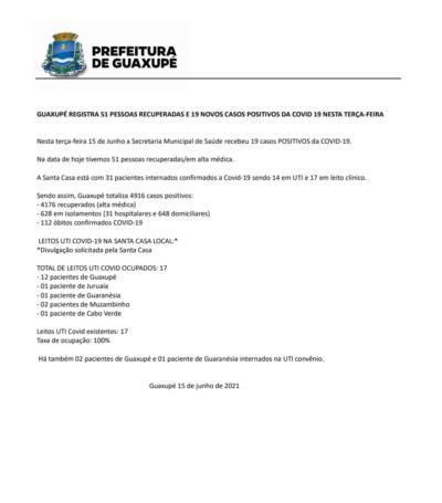 GUAXUPÉ REGISTRA 51 PESSOAS RECUPERADAS E 19 NOVOS CASOS POSITIVOS DA COVID 19 NESTA TERÇA-FEIRA