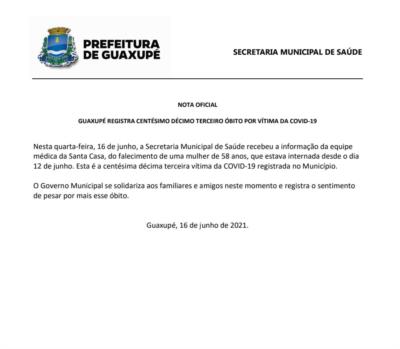 GUAXUPÉ REGISTRA CENTÉSIMO DÉCIMO TERCEIRO ÓBITO POR VÍTIMA DA COVID-19