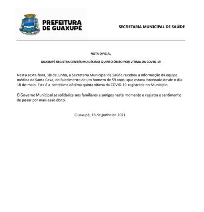 GUAXUPÉ REGISTRA CENTÉSIMO DÉCIMO QUINTO ÓBITO POR VÍTIMA DA COVID-19