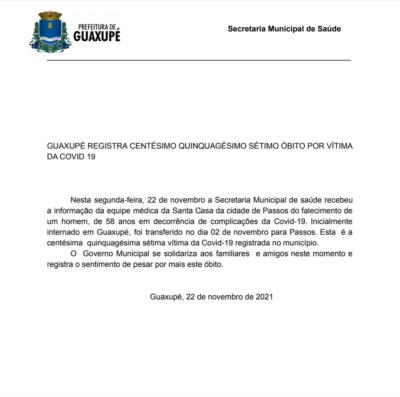 GUAXUPÉ REGISTRA CENTÉSIMO QUINQUAGÉSIMO SÉTIMO ÓBITO POR VÍTIMA DA COVID 19